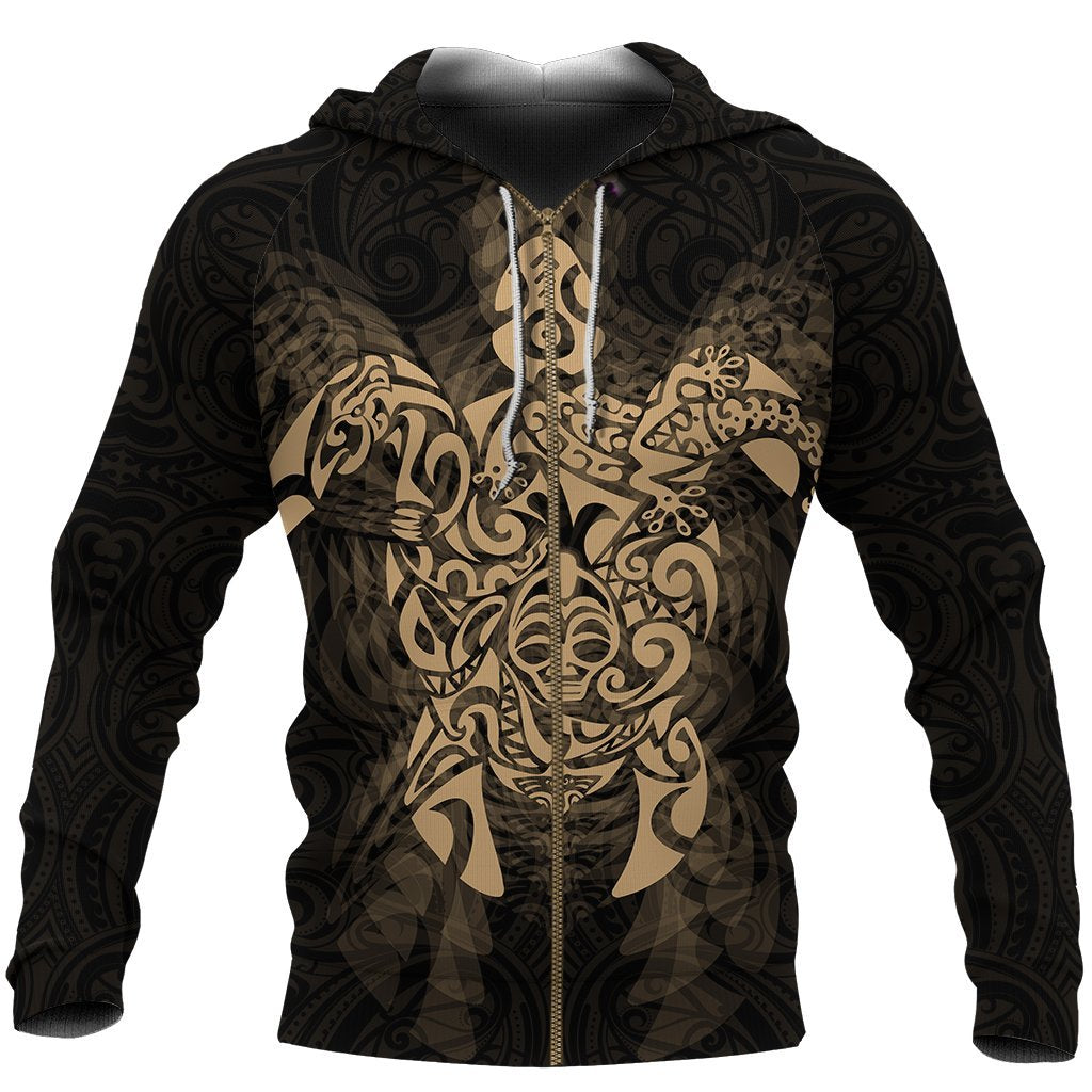 New Zealand Maori Zip Up Hoodie, Wairua Tattoo Turtle Zipper Hoodie - Gold - Vibe Hoodie Shop