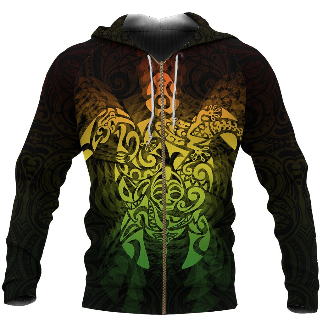 New Zealand Maori Zip Up Hoodie, Wairua Tattoo Turtle Zipper Hoodie - Rasta - Vibe Hoodie Shop