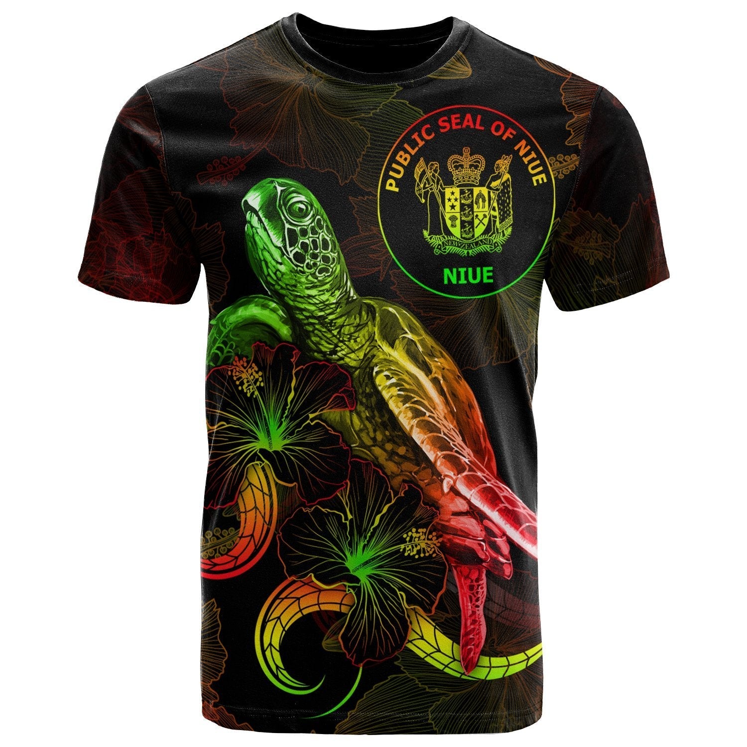 Niue Polynesian T shirt - Turtle With Blooming Hibiscus Reggae - Vibe Hoodie Shop