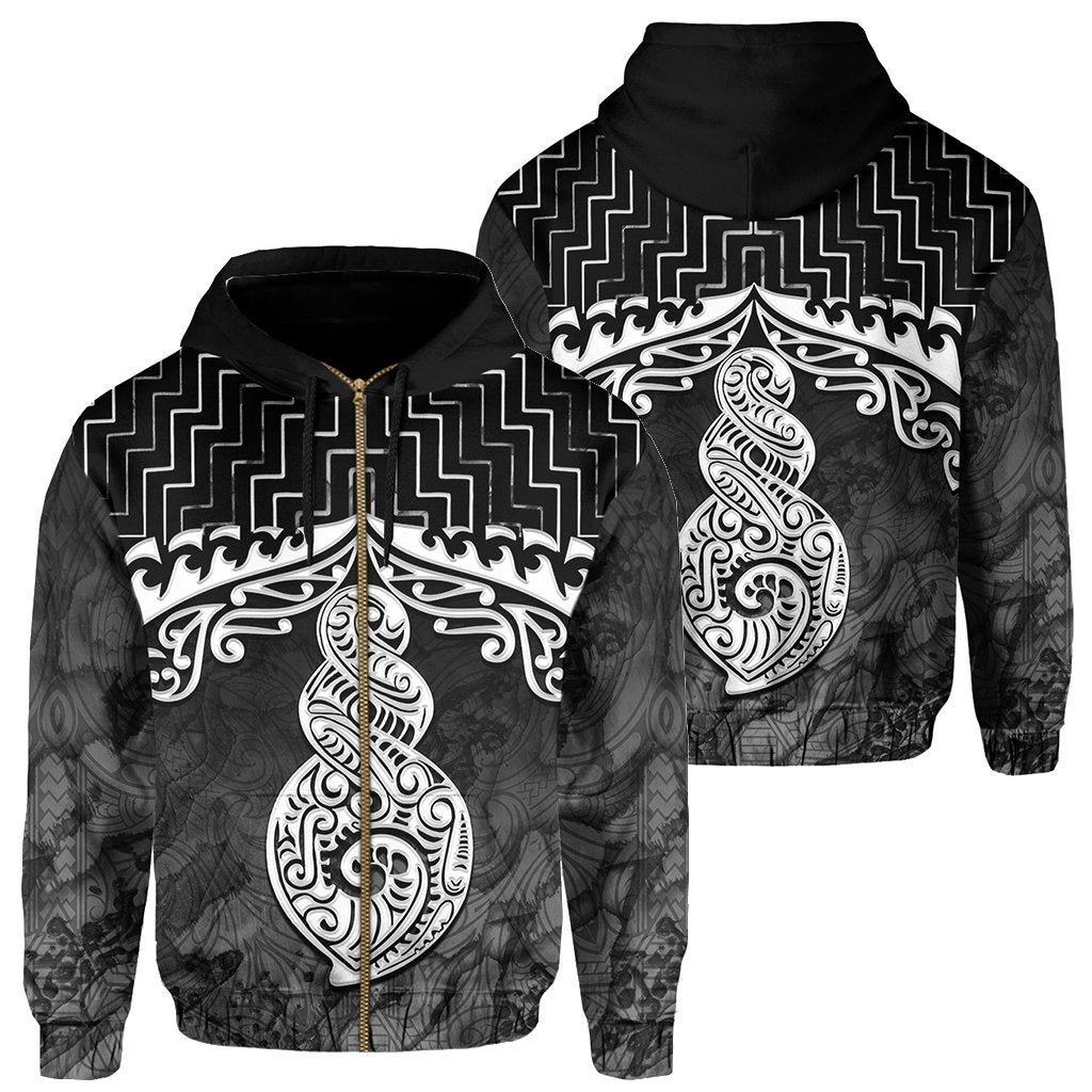 New Zealand Zip Up Hoodie, Poutama Maori Twist Zipper Hoodie Black - Vibe Hoodie Shop