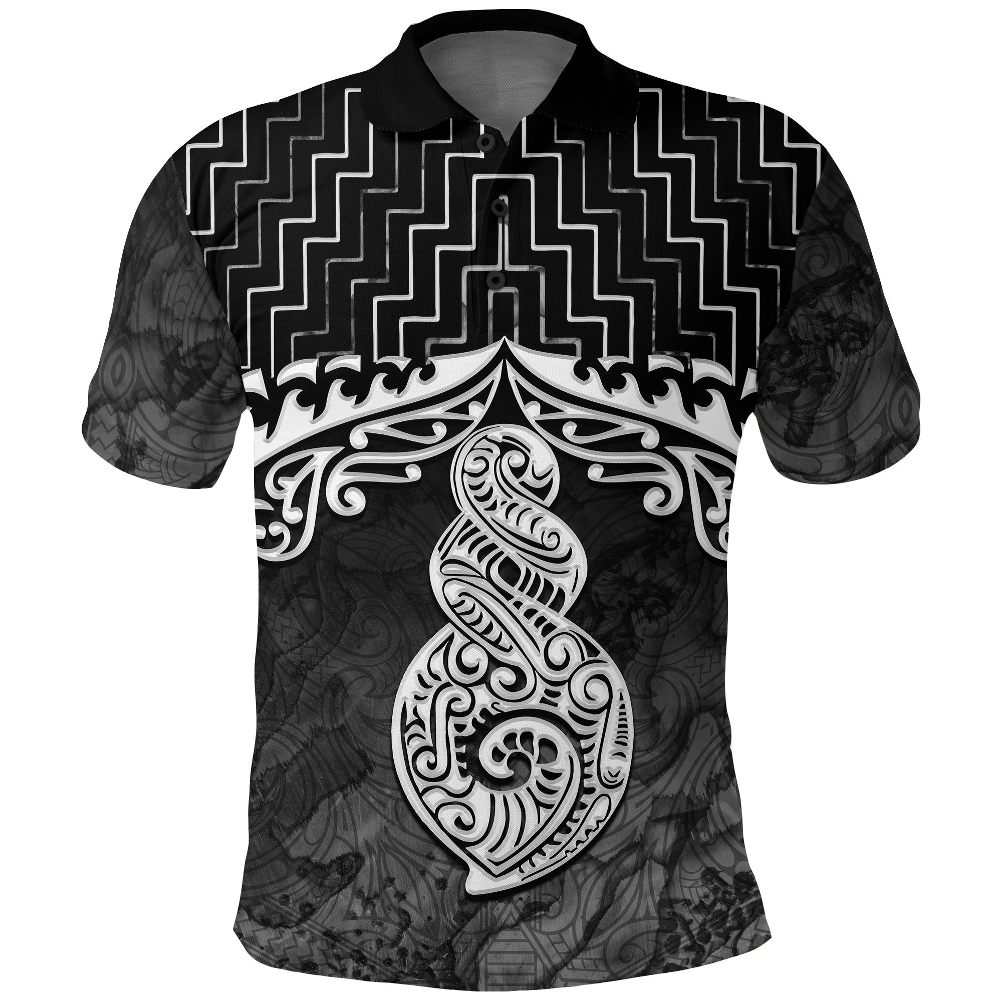 New Zealand Maori Polo Shirt, Poutama Maori Twist Golf Shirt Black - Vibe Hoodie Shop