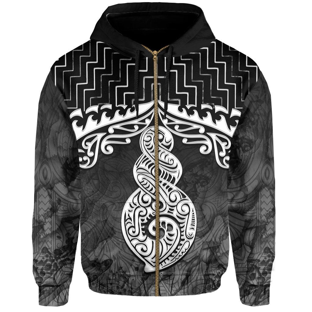 New Zealand Zip Up Hoodie, Poutama Maori Twist Zipper Hoodie Black - Vibe Hoodie Shop