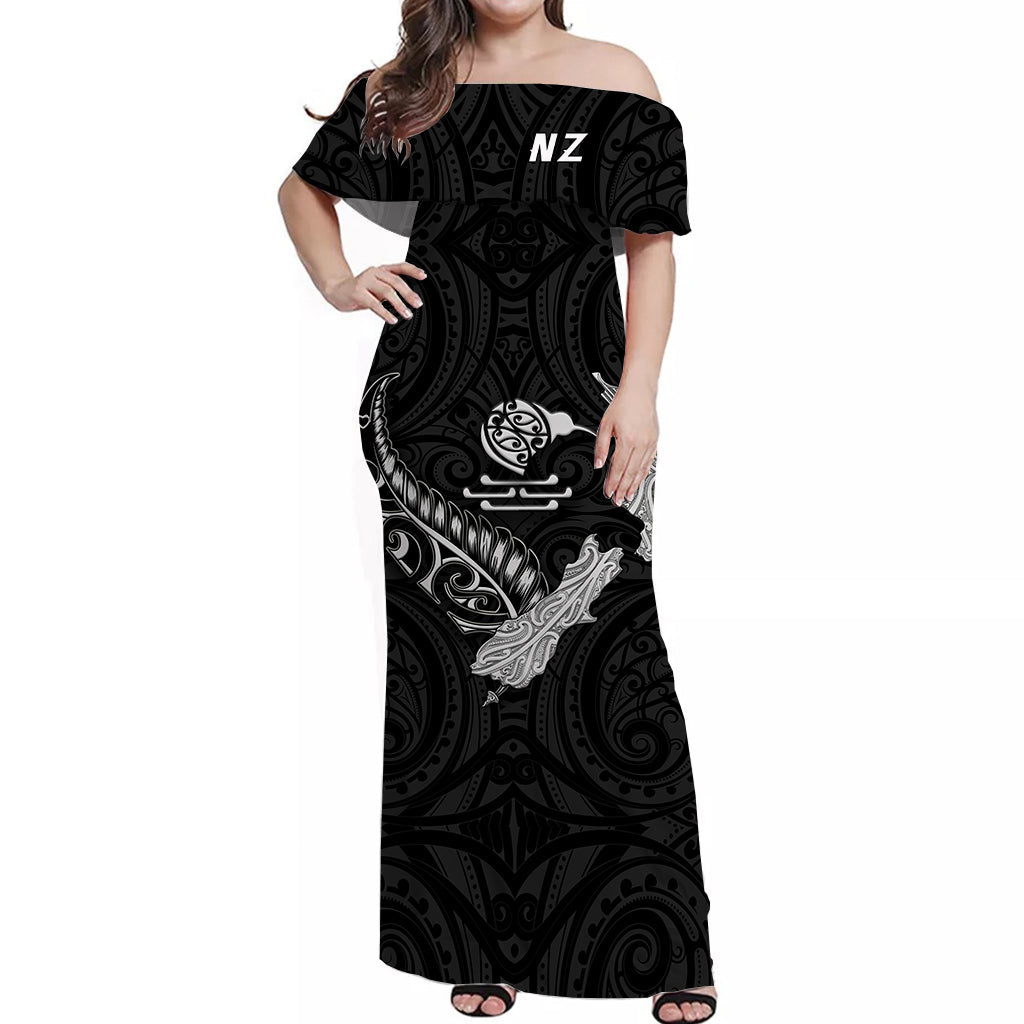 New Zealand Maori Off Shoulder Long Dress Heart of Silver Fern Map and Kiwi Black - Vibe Hoodie Shop