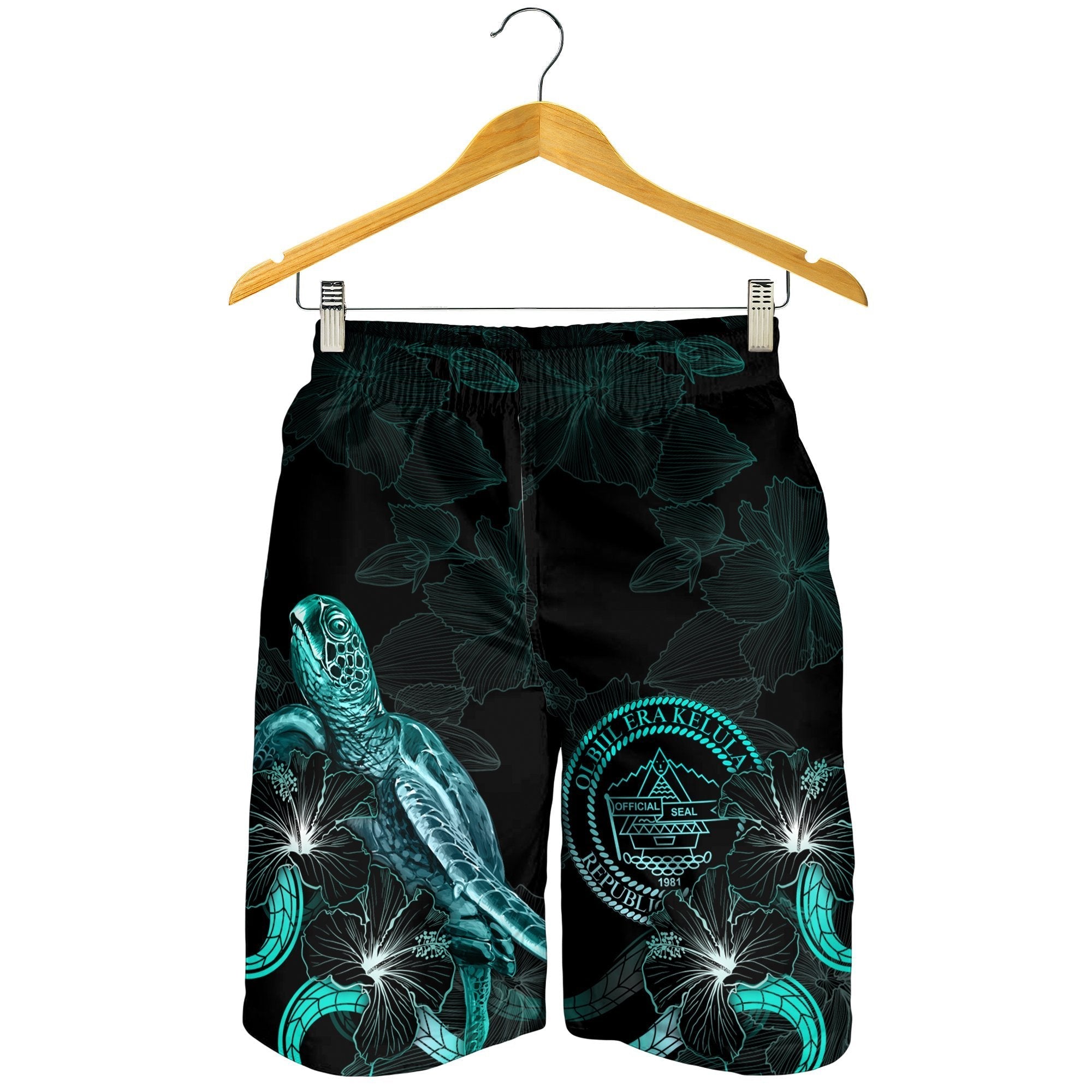 Palau Polynesian Men's Shorts - Turtle With Blooming Hibiscus Turquoise - Vibe Hoodie Shop