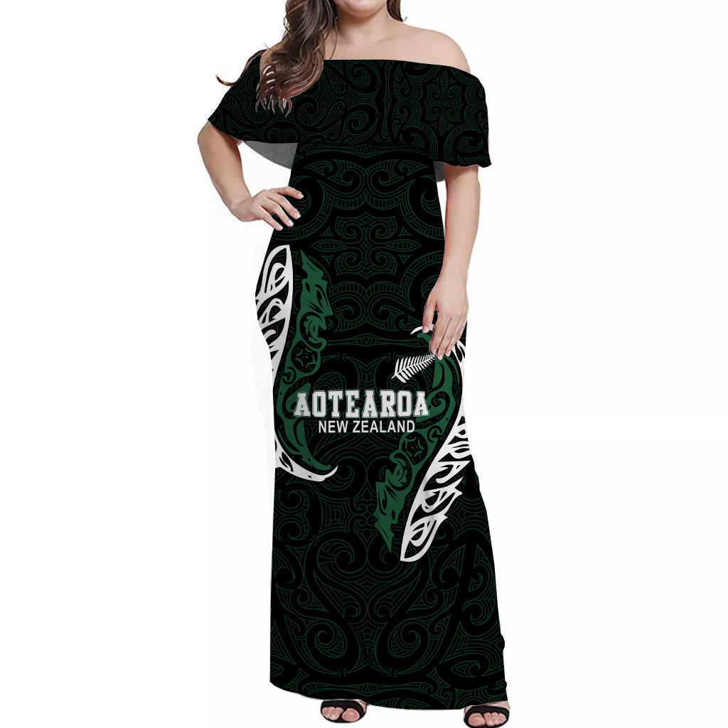 New Zealand Maori Off Shoulder Long Dress Aotearoa Mix Silver Fern Ver.01 - Vibe Hoodie Shop