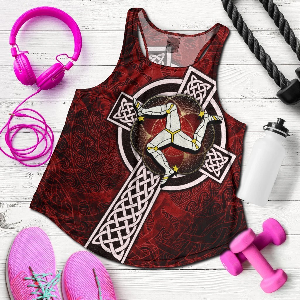 Isle Of Man Celtic Women's Racerback Tank - Celtic Cross and Triskele Skew Style - Vibe Hoodie Shop