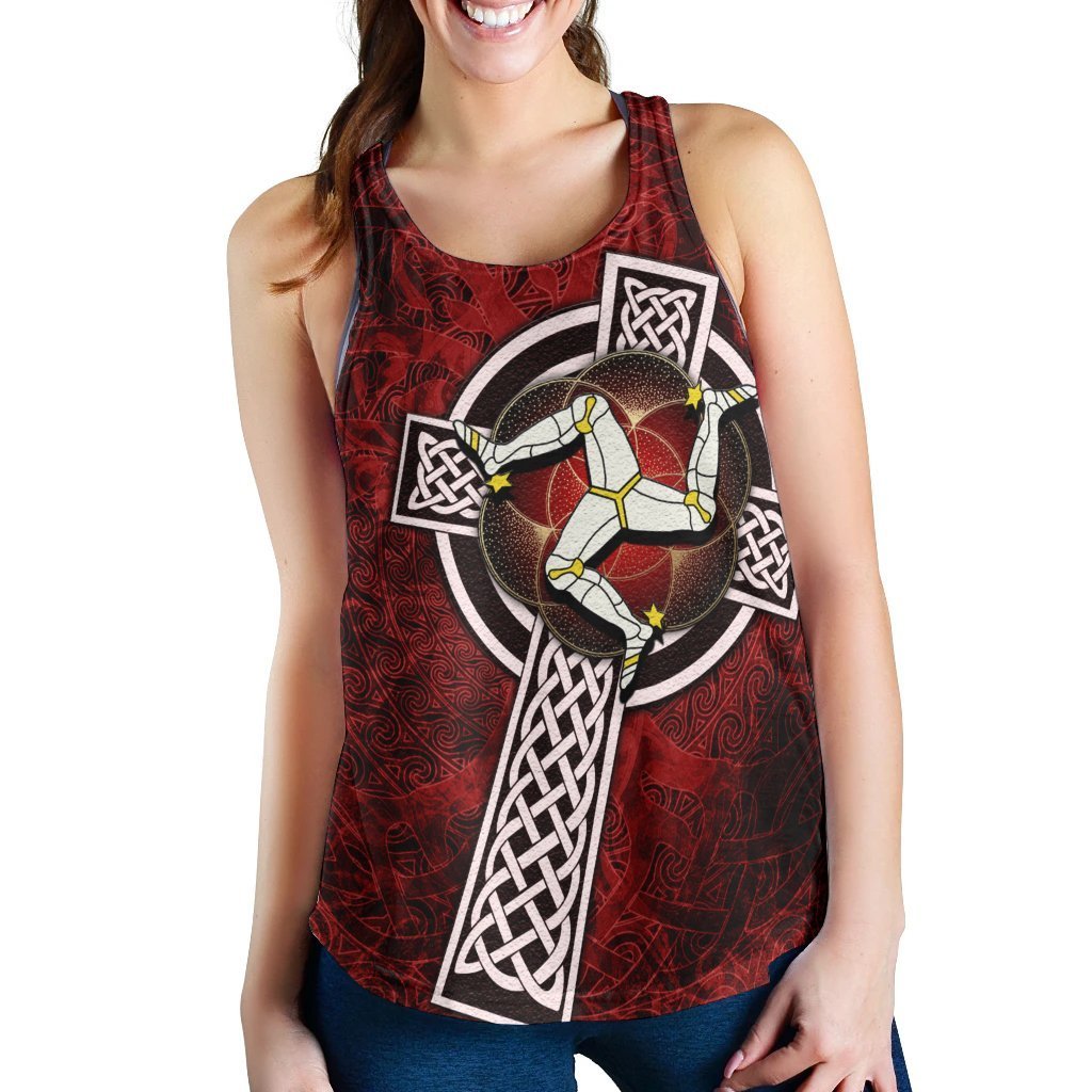 Isle Of Man Celtic Women's Racerback Tank - Celtic Cross and Triskele Skew Style - Vibe Hoodie Shop