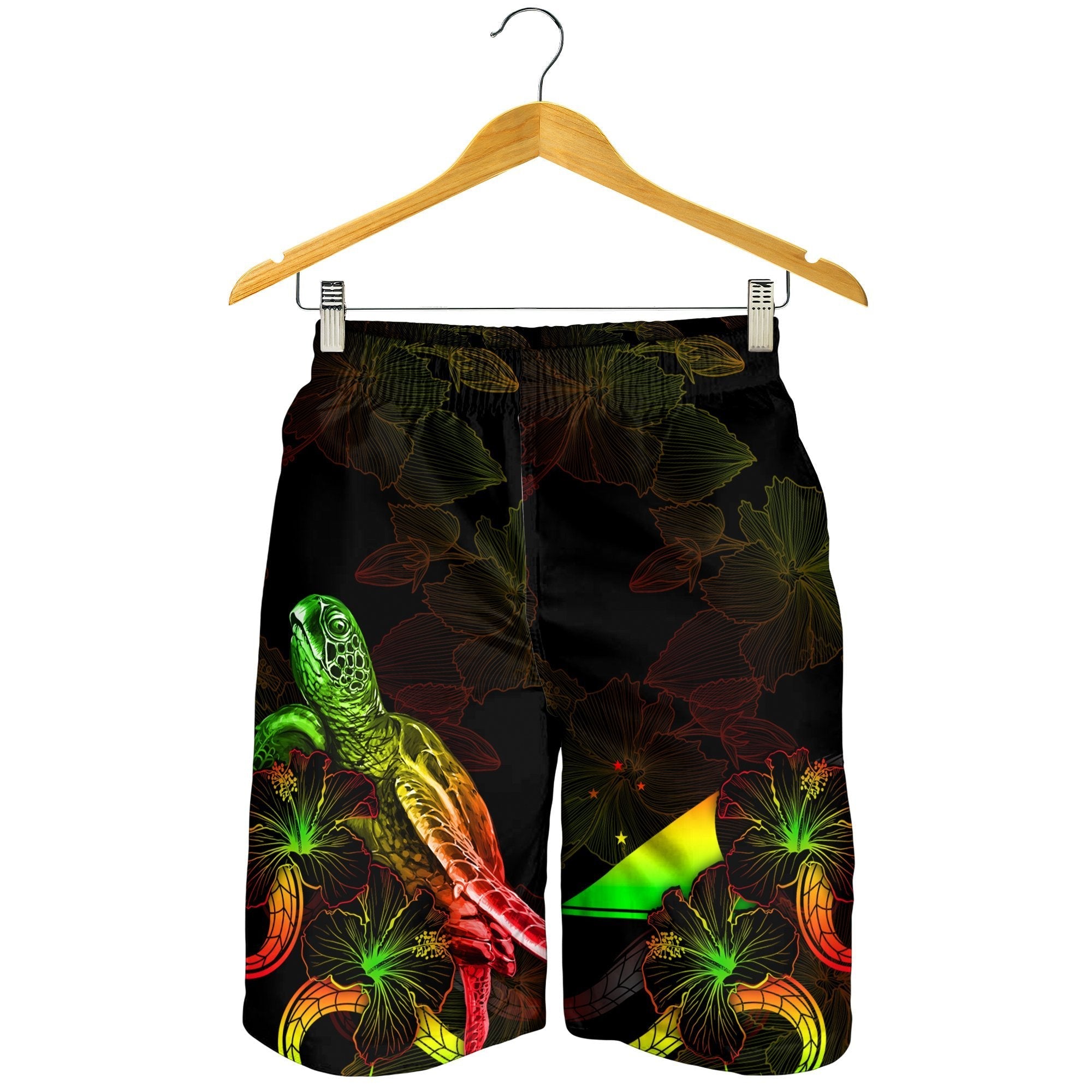 Tokelau Polynesian Men's Shorts - Turtle With Blooming Hibiscus Reggae - Vibe Hoodie Shop