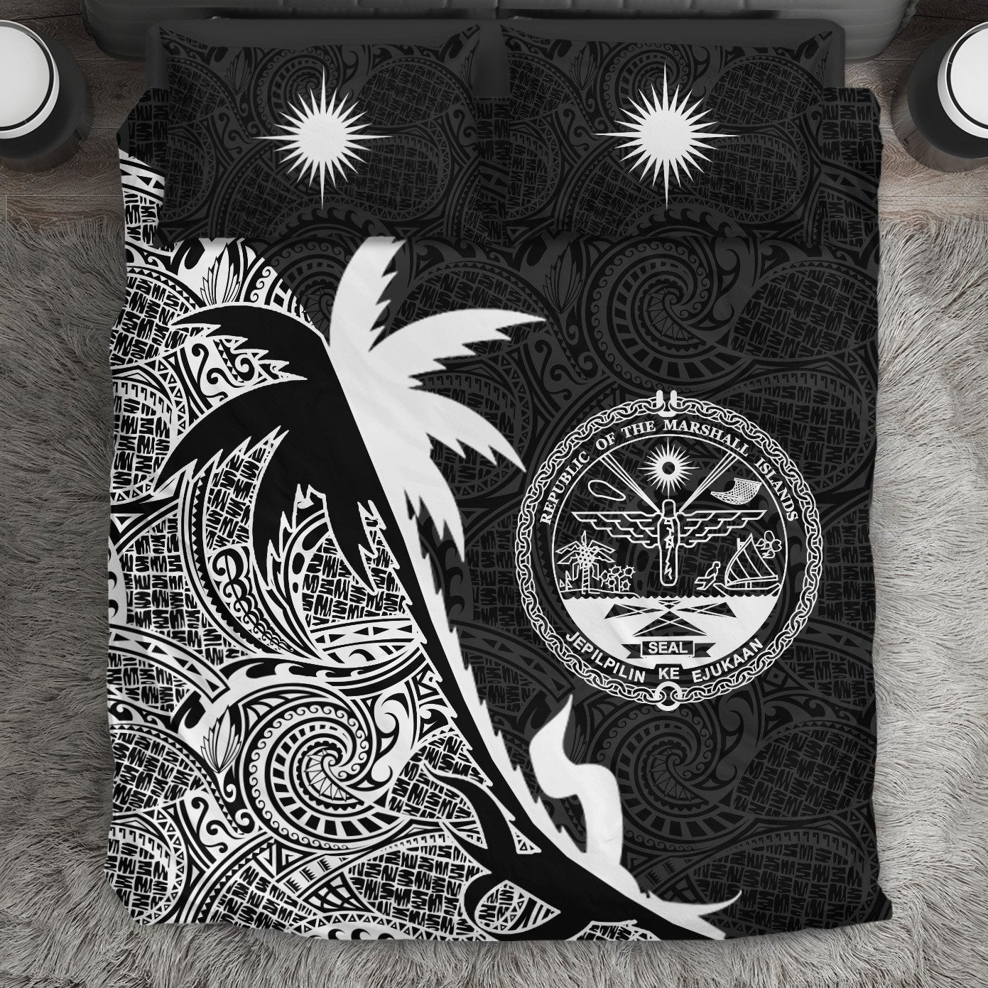 Marshall Islands Coconut Tree Bedding Set Black White - Vibe Hoodie Shop