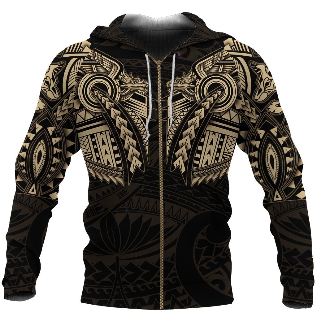 New Zealand Zip Up Hoodie, Maori Tattoo Wolf Dragon Zipper Hoodie - Gold - Vibe Hoodie Shop