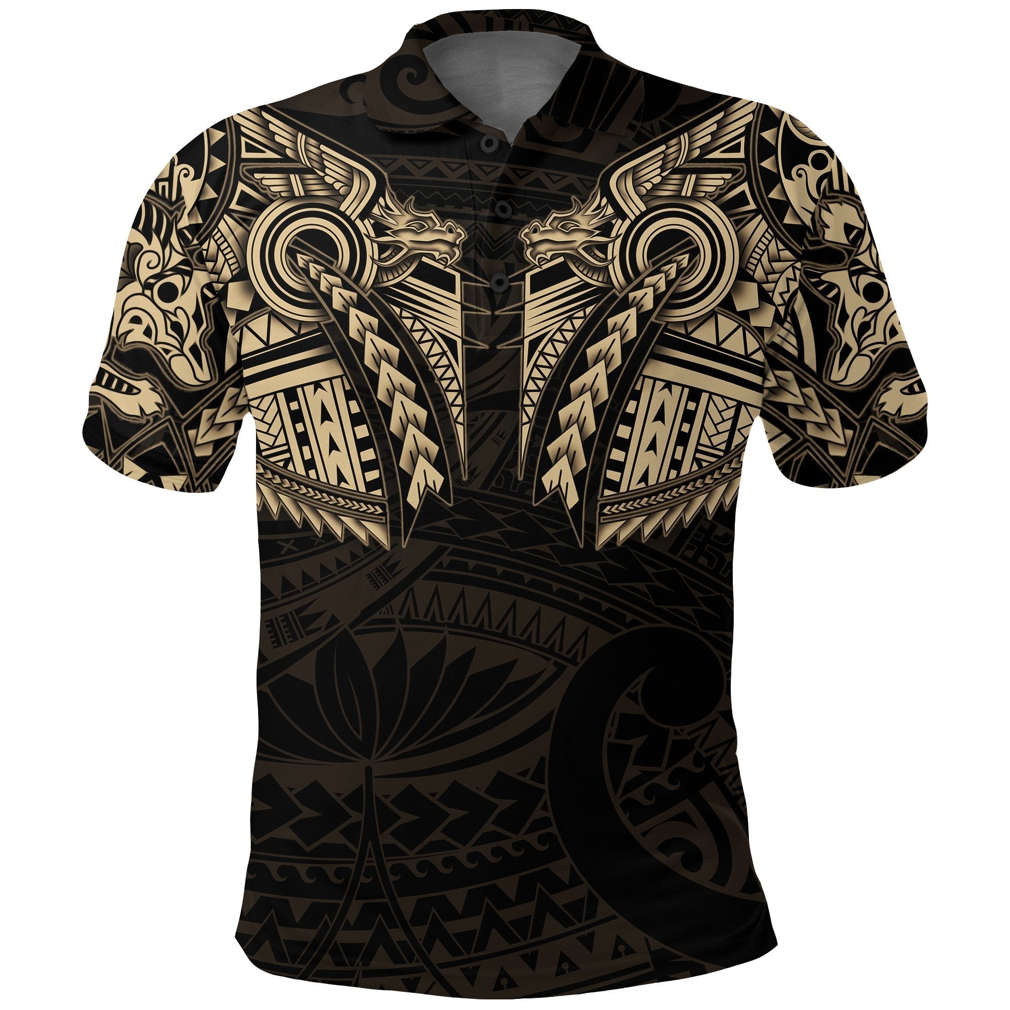 New Zealand Polo Shirt, Maori Tattoo Wolf Dragon Golf Shirt - Gold - Vibe Hoodie Shop