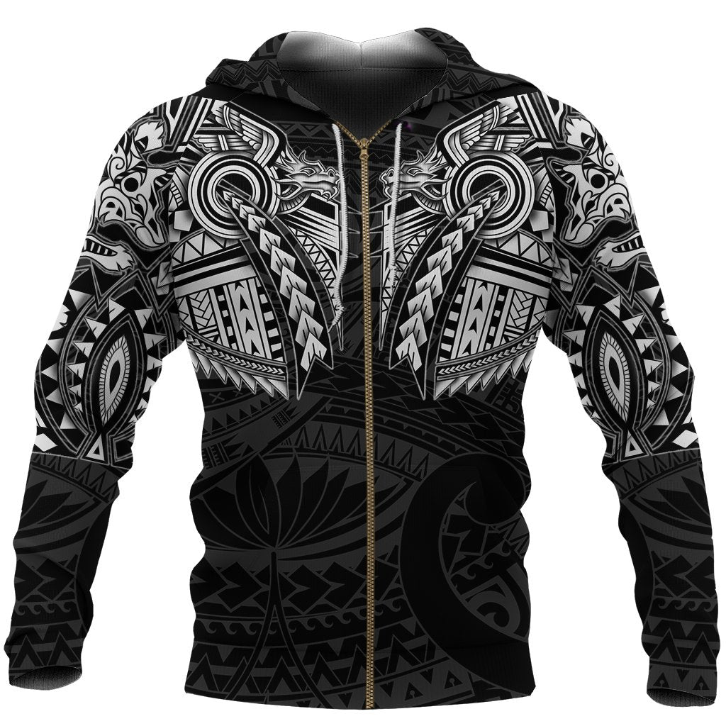 New Zealand Zip Up Hoodie, Maori Tattoo Wolf Dragon Zipper Hoodie - White K4 Merchize - Vibe Hoodie Shop