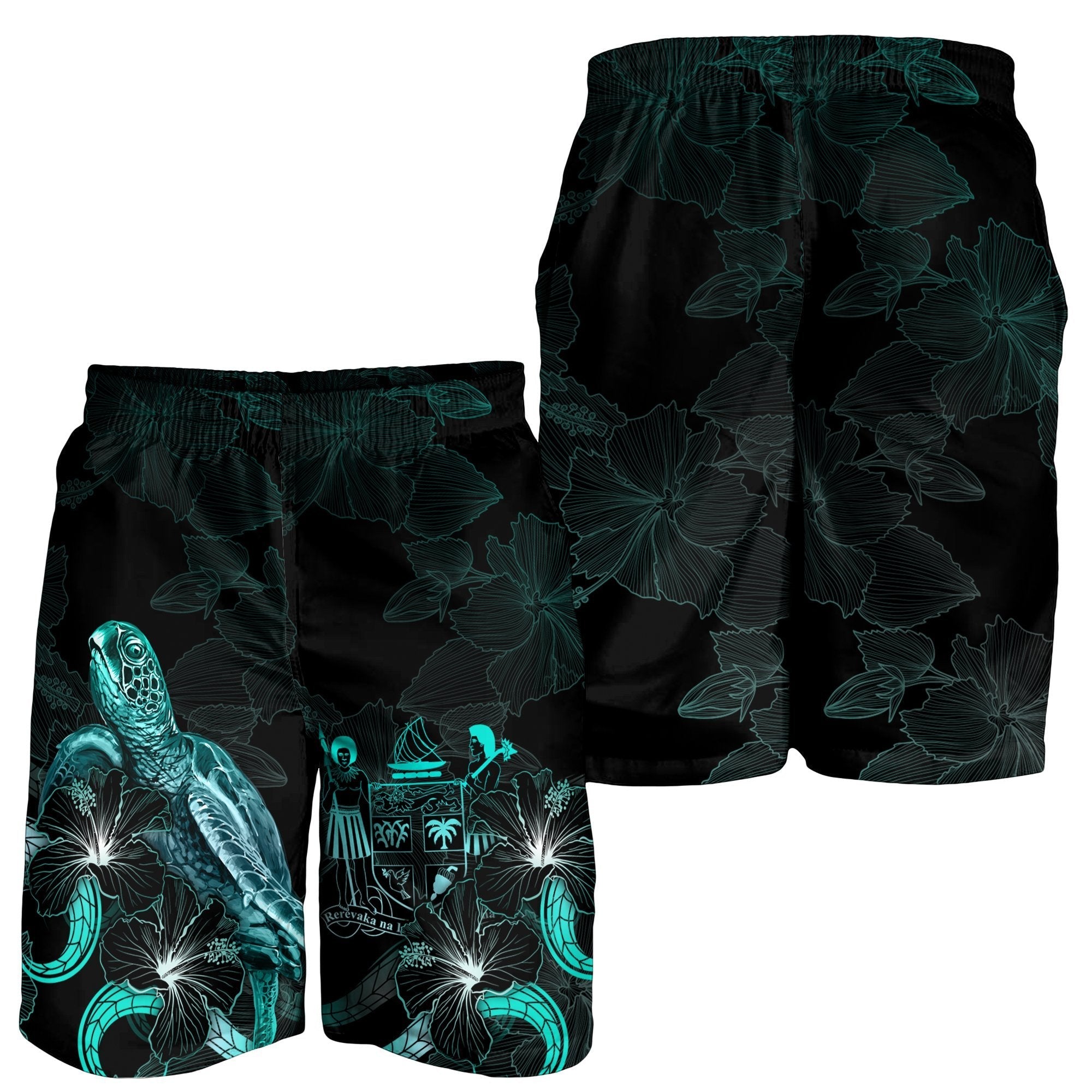 Fiji Polynesian Men's Shorts - Turtle With Blooming Hibiscus Turquoise - Vibe Hoodie Shop