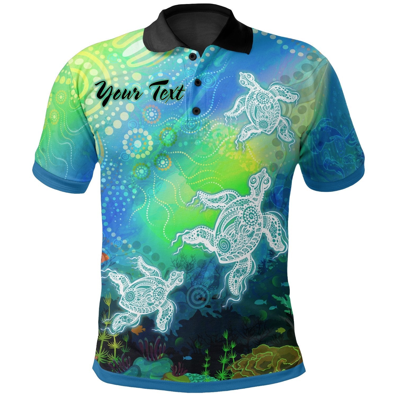 Custom Text Aboriginal Polo Shirt - Indigenous Turtle Ocean Dot Painting Art - Vibe Hoodie Shop