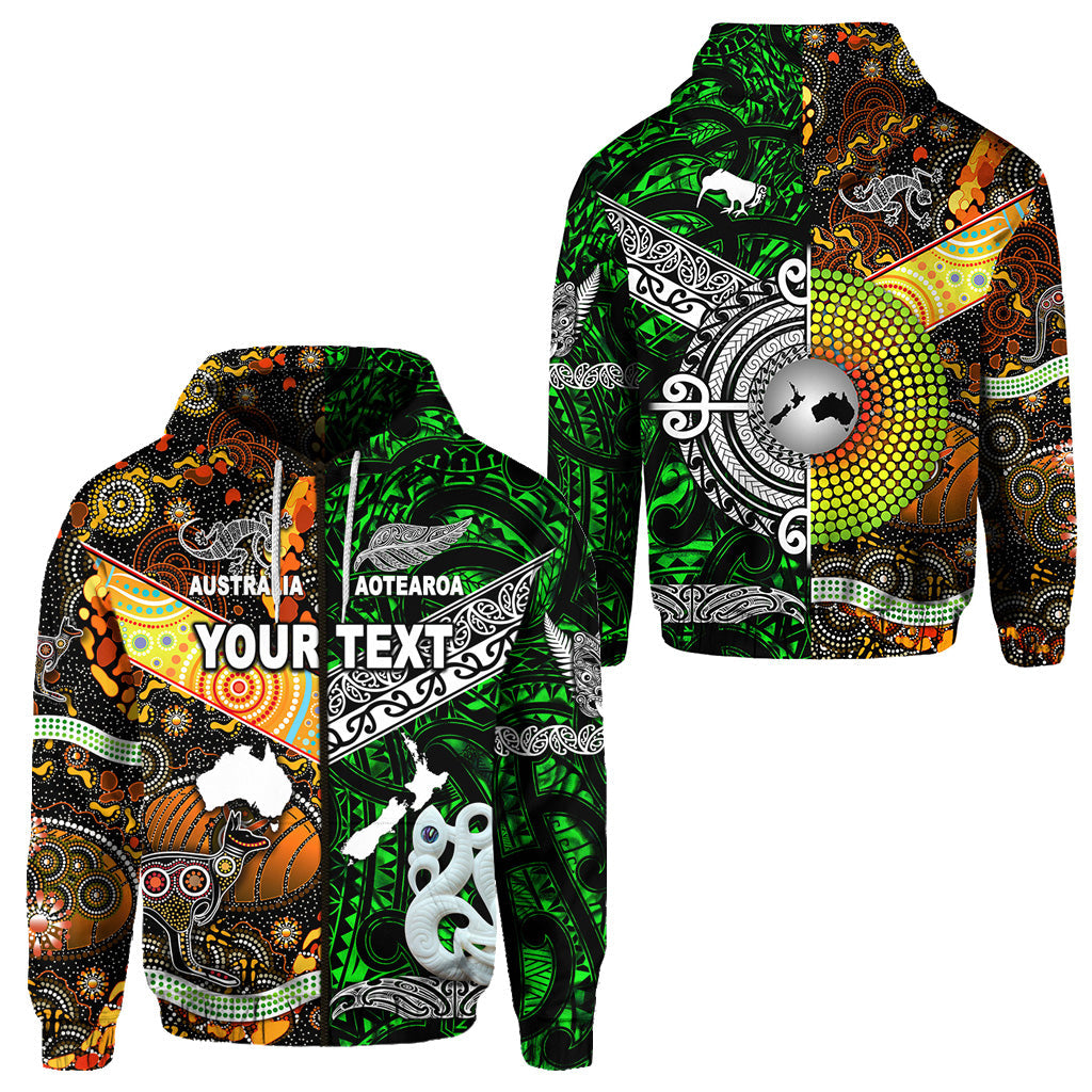 (Custom Personalised) New Zealand Maori Aotearoa And Australia Aboriginal Zip Hoodie Together - Green LT8 - Vibe Hoodie Shop