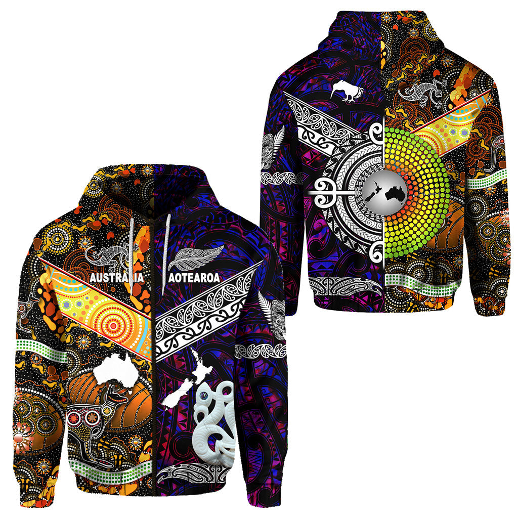 New Zealand Maori Aotearoa And Australia Aboriginal Zip Hoodie Together - Purple LT8 - Vibe Hoodie Shop