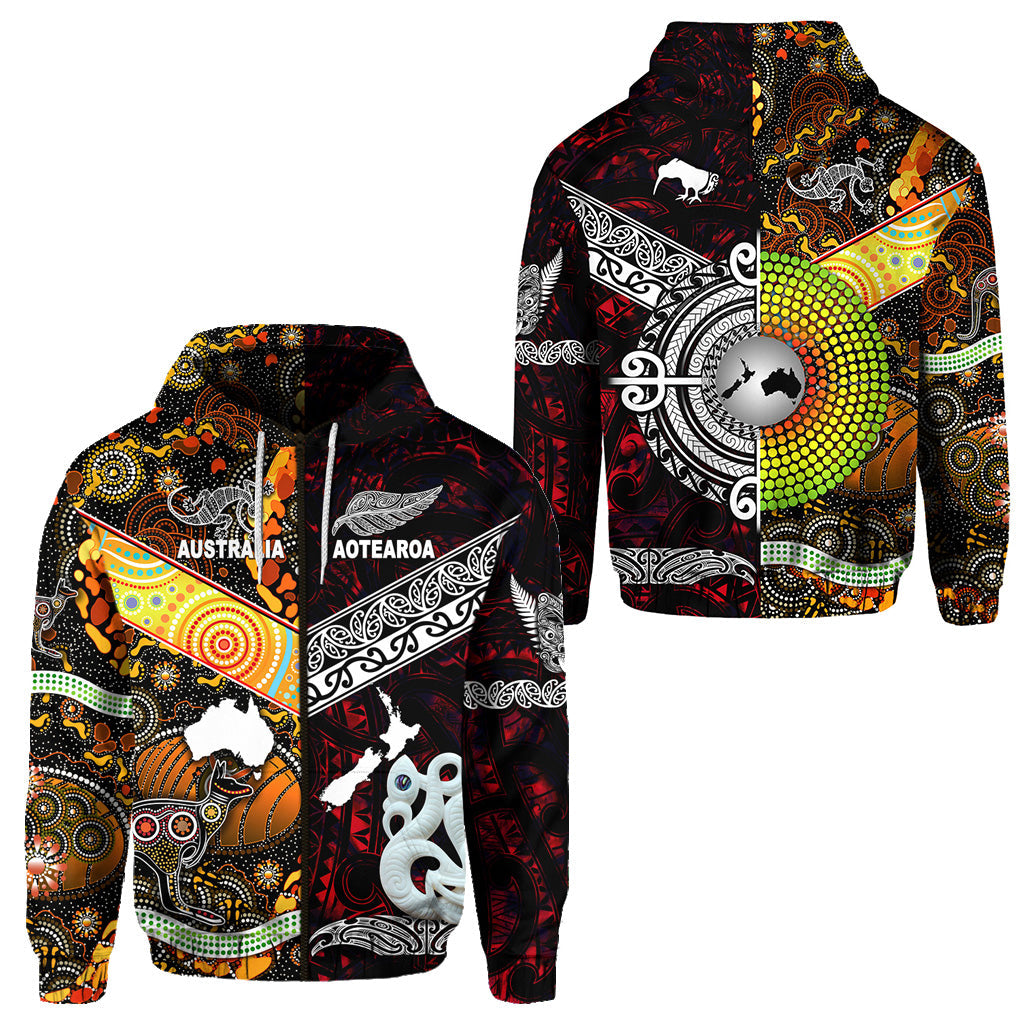 New Zealand Maori Aotearoa And Australia Aboriginal Zip Hoodie Together - Red LT8 - Vibe Hoodie Shop