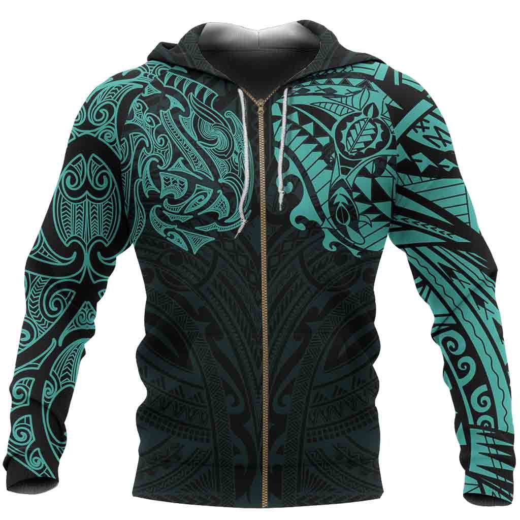 New Zealand Zip Hoodie, Maori Polynesian Tattoo Turquoise - Vibe Hoodie Shop