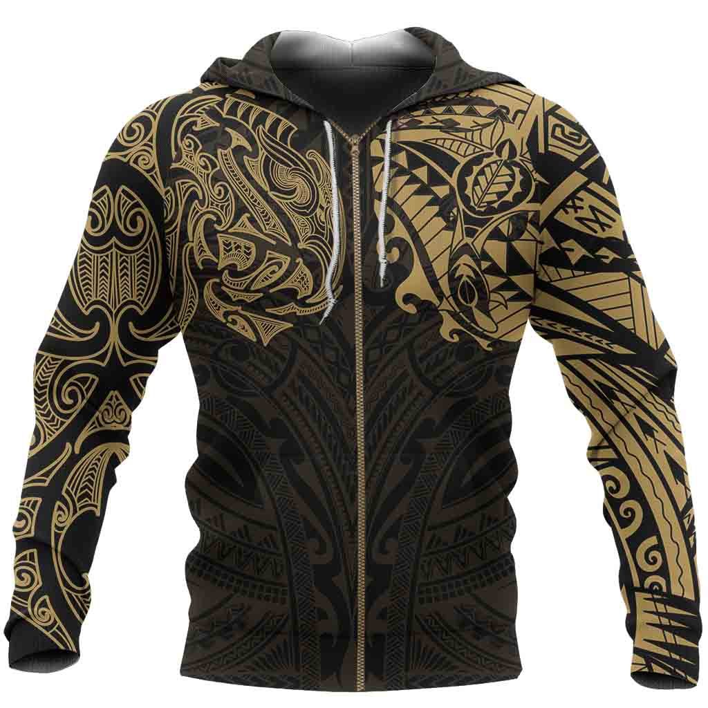 New Zealand Zip Hoodie, Maori Polynesian Tattoo Gold - Vibe Hoodie Shop