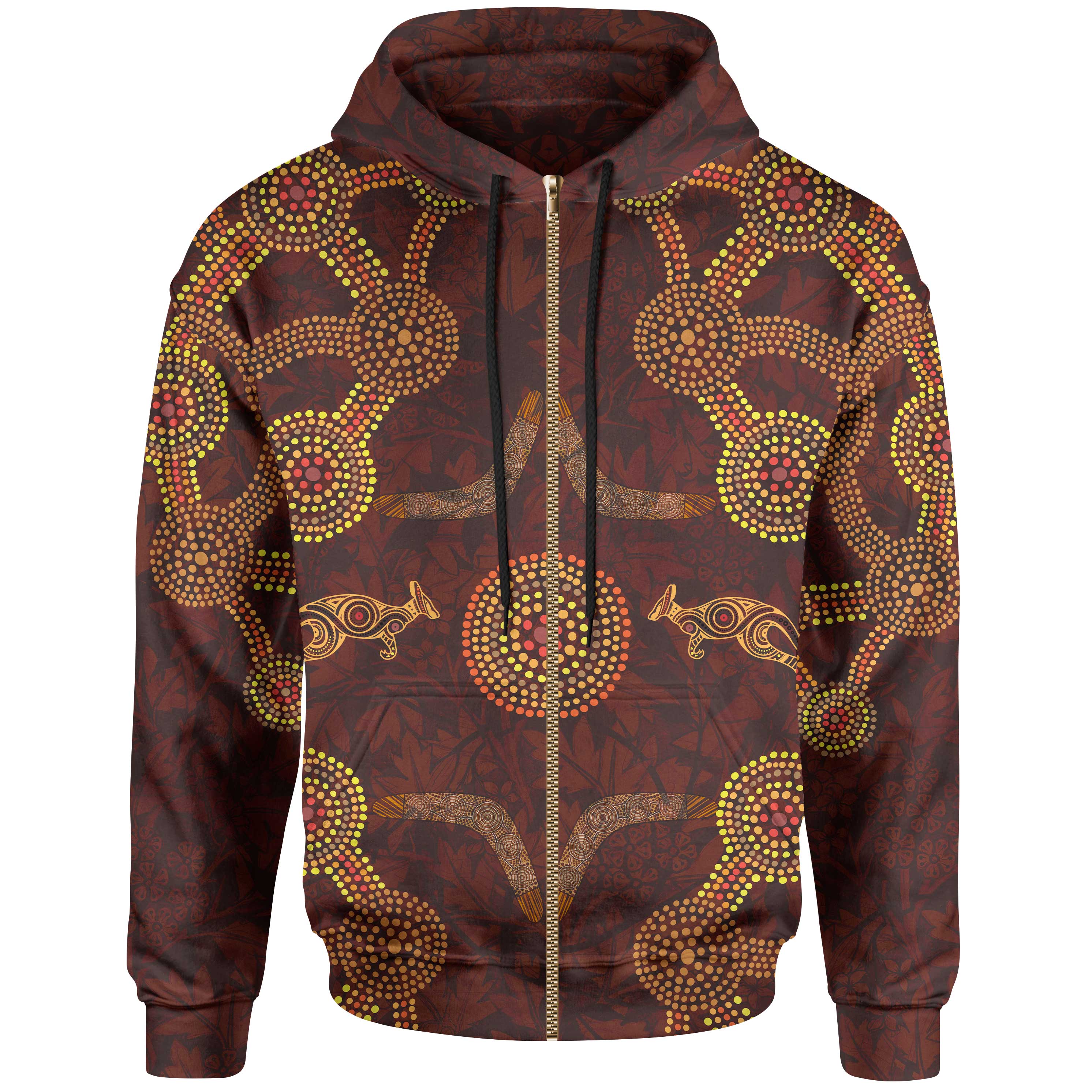 Zip - Up Hoodie, Aboriginal Dot Pattern Boomerang, Kangaroo - Vibe Hoodie Shop