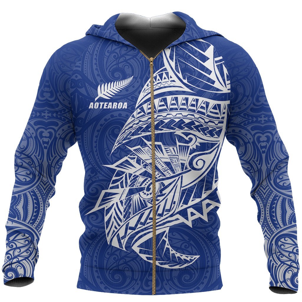 New Zealand Zip Up Hoodie, Maori Tattoo Zipper Hoodie Polynesian Style - Blue - Vibe Hoodie Shop